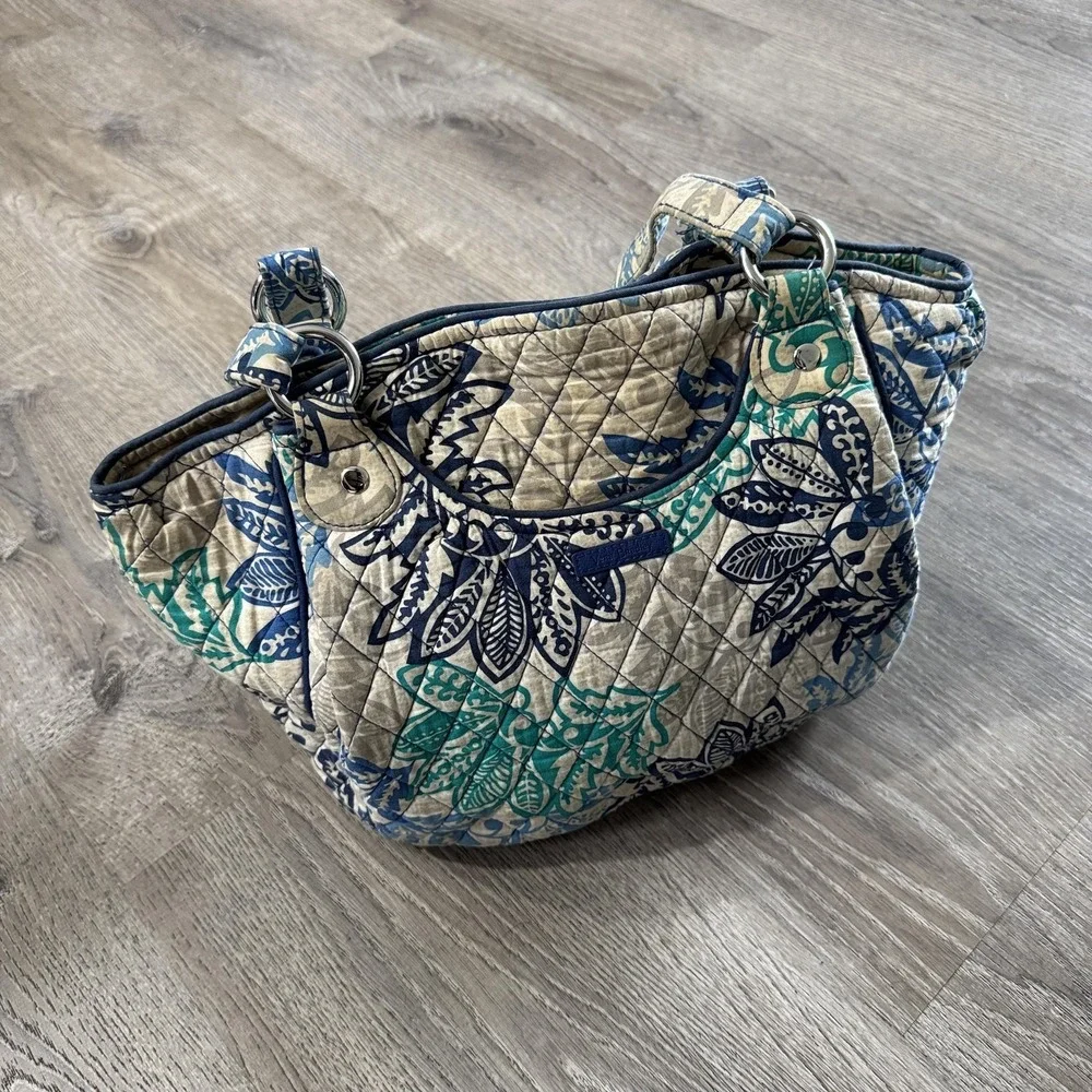 Vera Bradley Shoulder Bag Womens Medium Blue Green Floral Quilted Cotton Zip Top